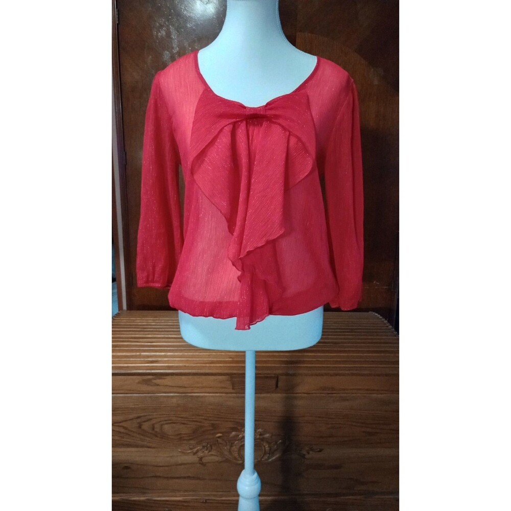 by & by Women's Size M Red Sheer Chiffon Bow Pullover Blouse Long Sleeve